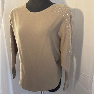Fine Knit Beige Sweater with Rhinestone Accents